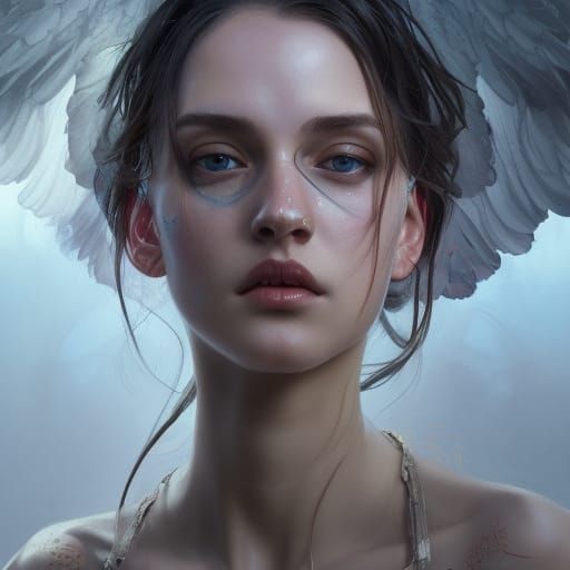 Detailed Portrait of Fallen Angel in Hyperrealistic Style
