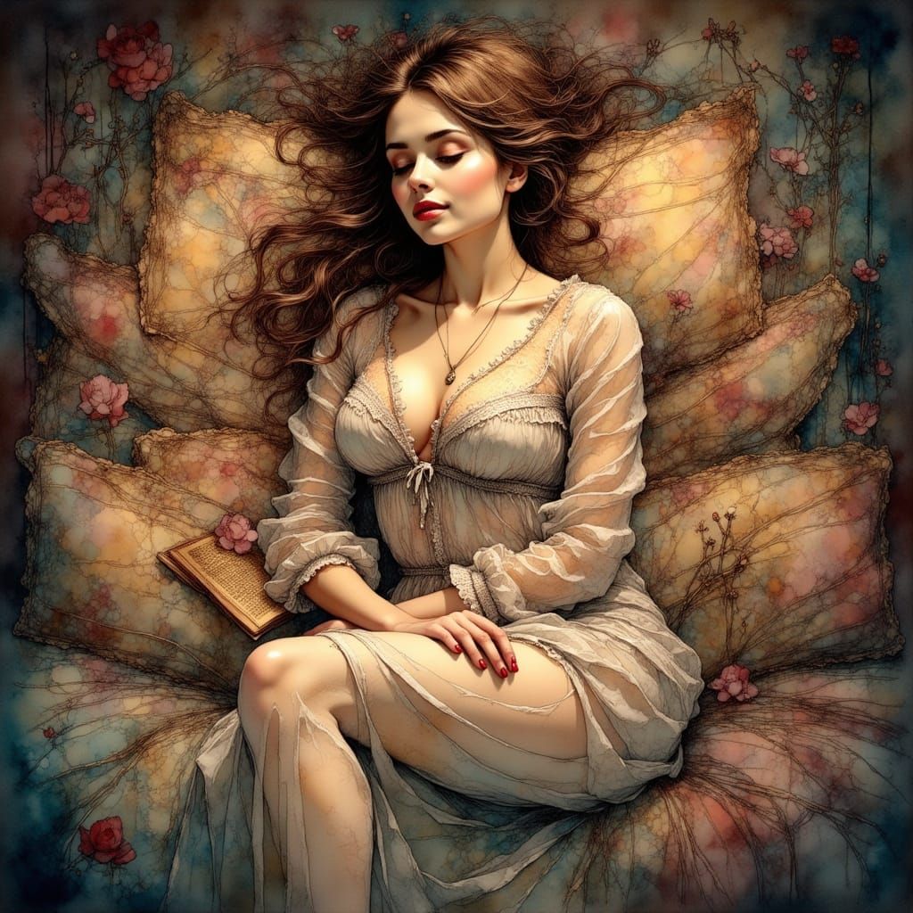 Serene Woman Sleeping Peacefully in Art Nouveau Style