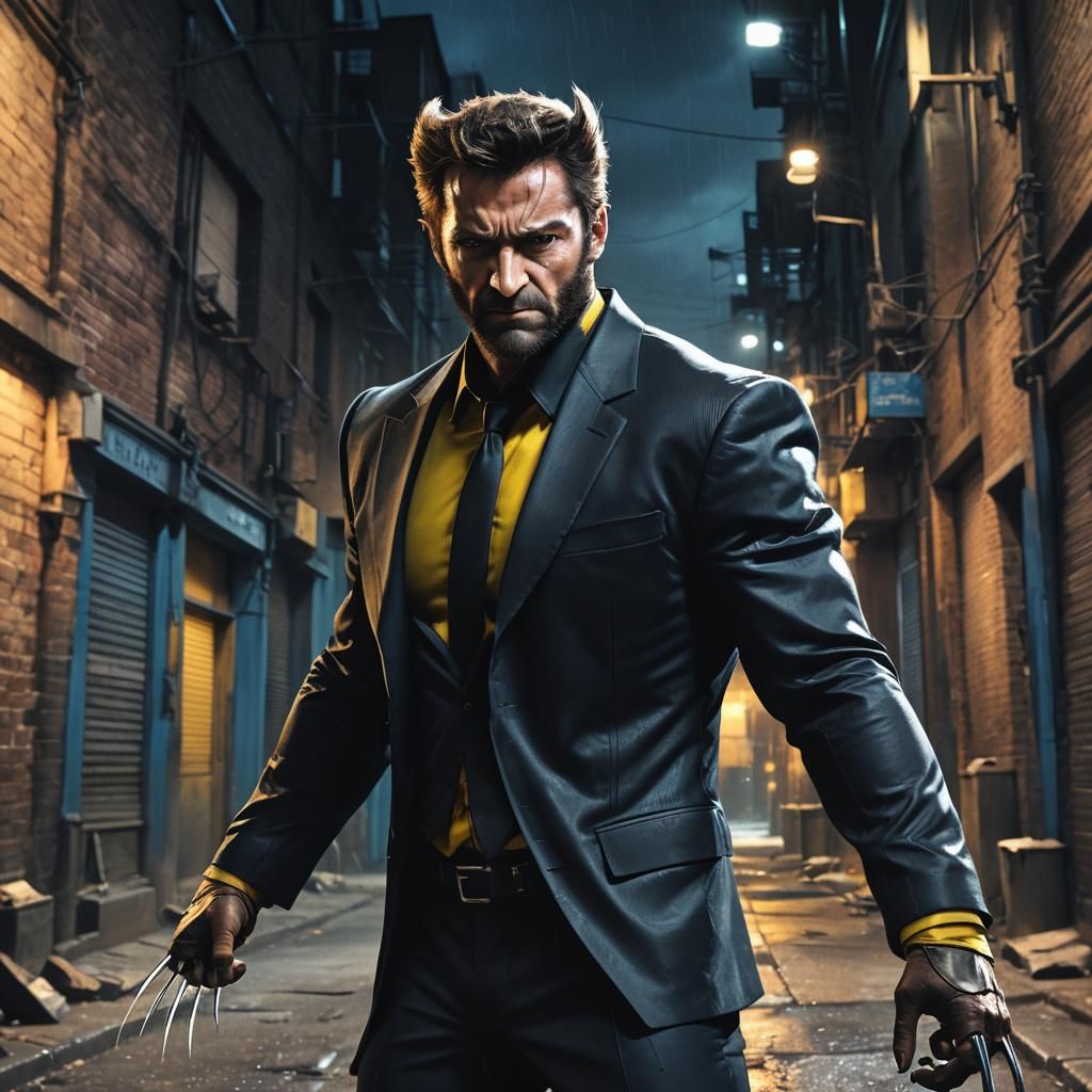 Wolverine in Black Suit, Neon Alleyway Concept Art
