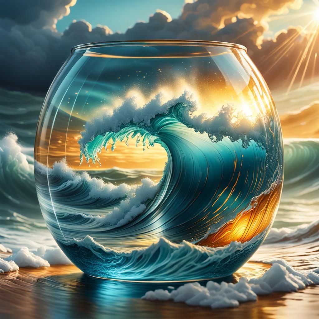 Stormy Sea Trapped in Glass Container: Photorealistic Concep...