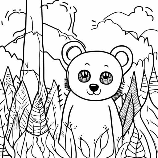 Happy Bear Cub in Forest, Art Brut Style