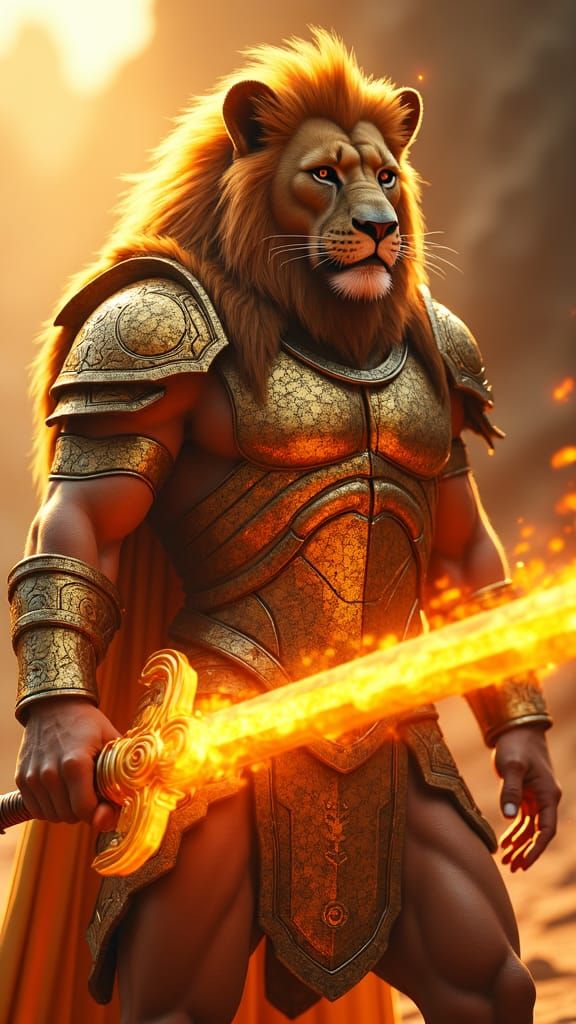 Lion-Human Gladiator with Flaming Sword in Golden Armor