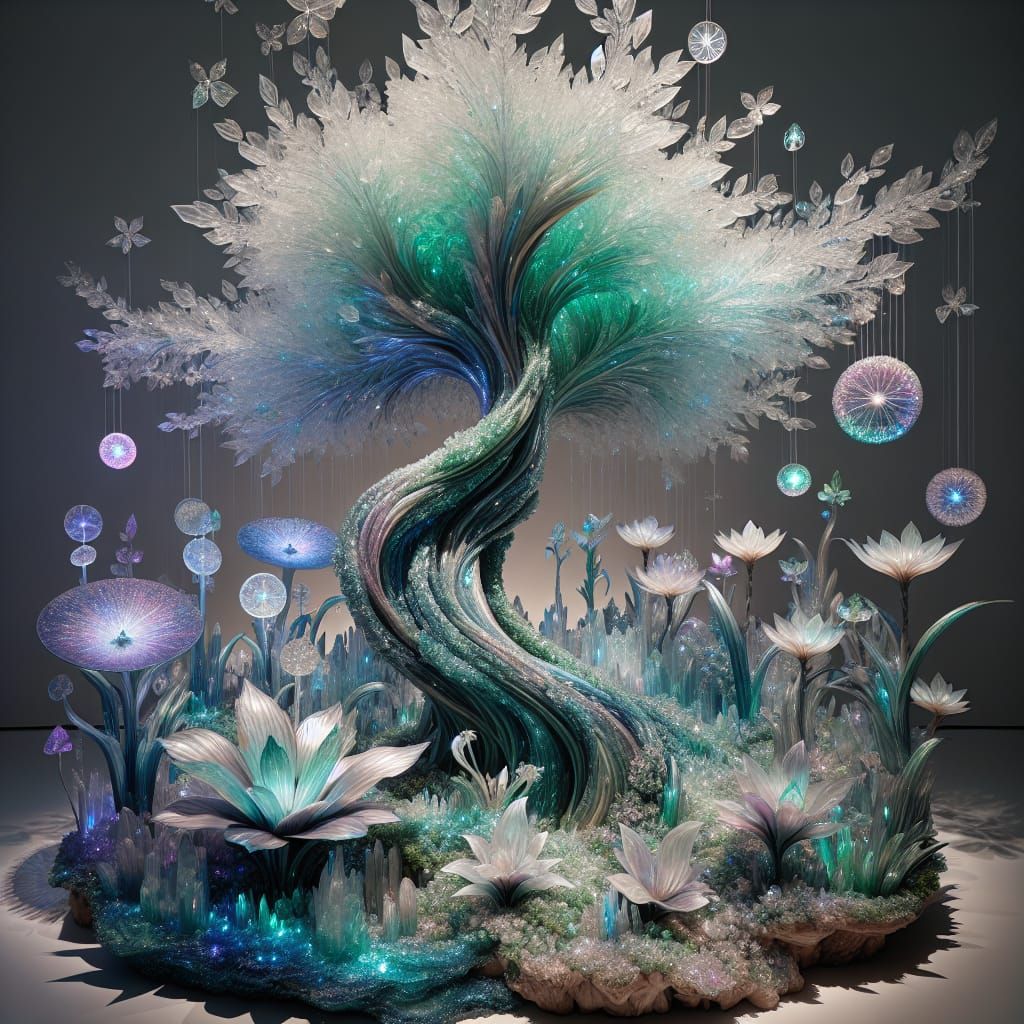 Crystallized Tree Radiating Mystic Glows in Digital Art