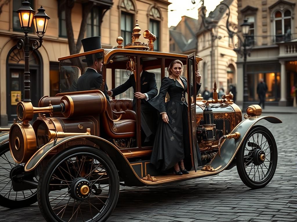 Steampunk Car with Victorian Figures in Photorealistic Style