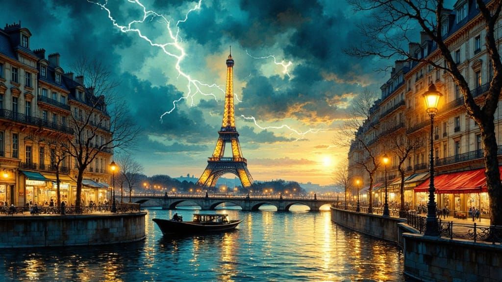 Eiffel Tower Under Thunderstorm, Dreamy Art Style