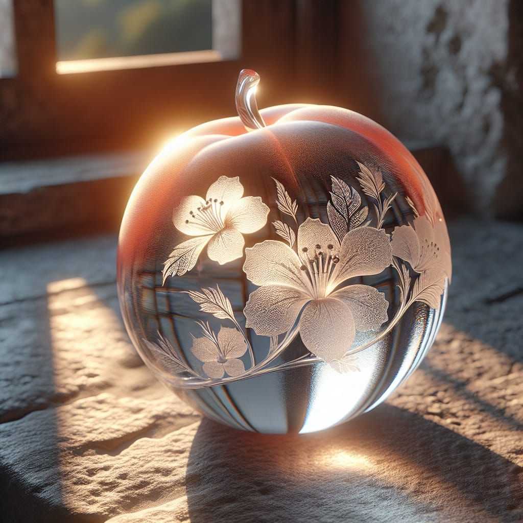Glass Peach with Etched Frost Flowers in Sunlight