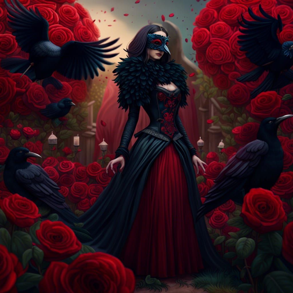 Woman in Raven Mask in Rose Garden: Fantasy Art