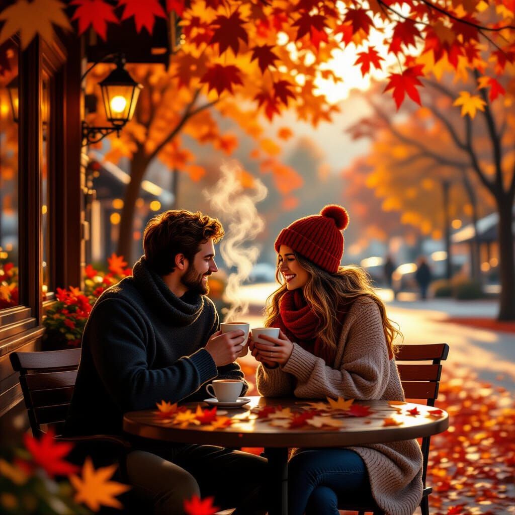Cozy Cafe Scene with Spiced Cider and Autumn Leaves