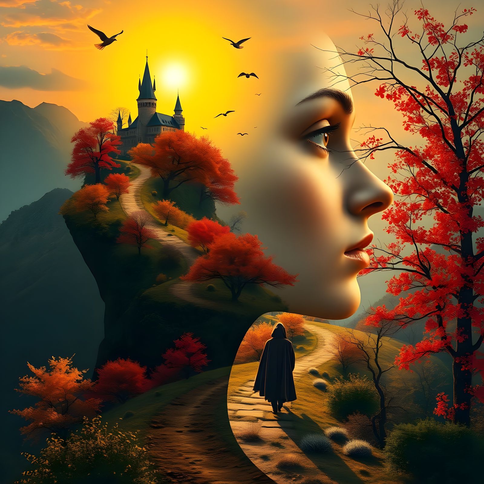 Surrealistic Female Profile Transforms into Vibrant Autumn L...