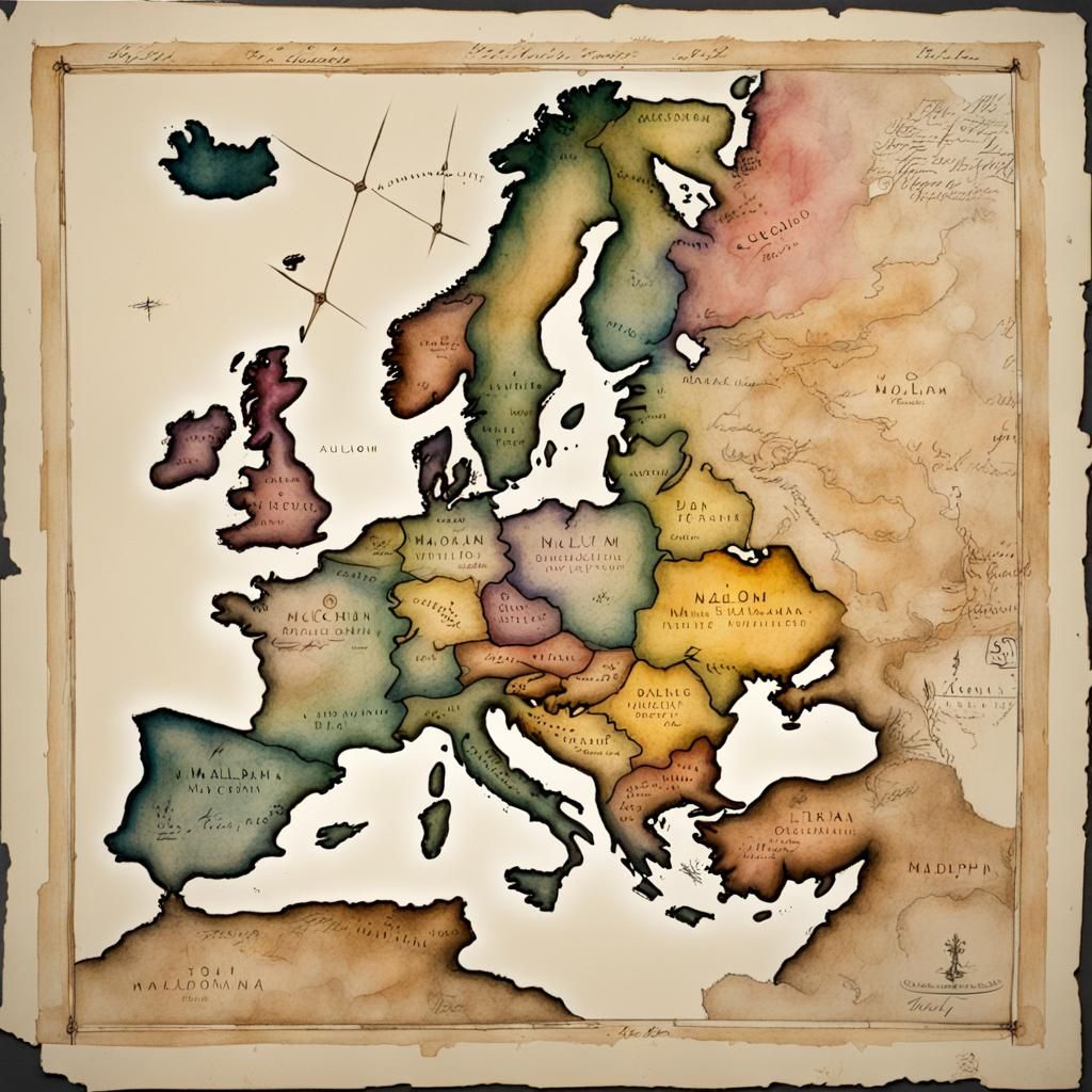 Victorian Europe Map in Watercolor Gouache Style