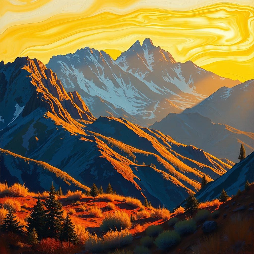 Mountain Sunset: Earthy Textures and Expressive Brushstrokes