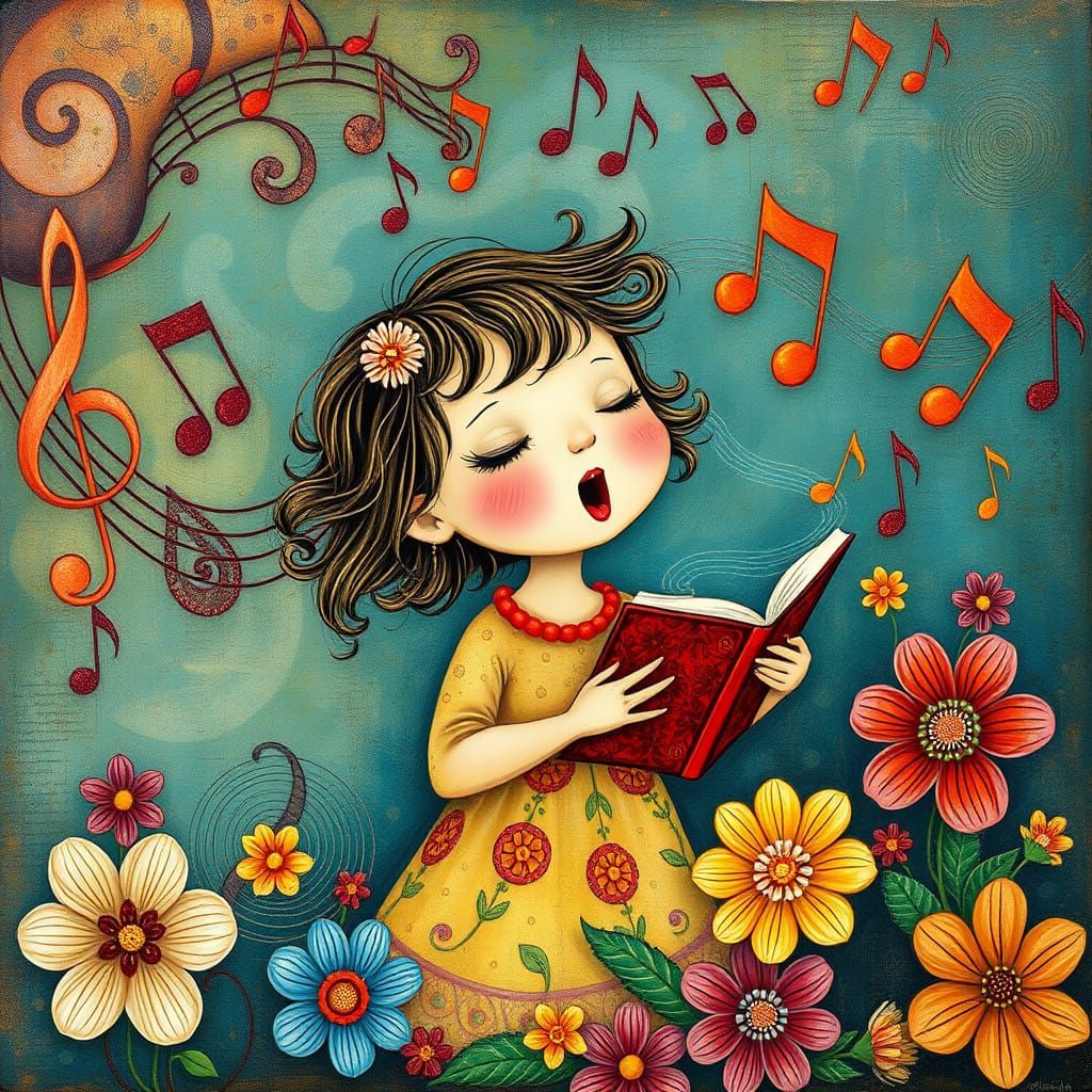 Whimsical Child Sings Amidst Floral Music Notes