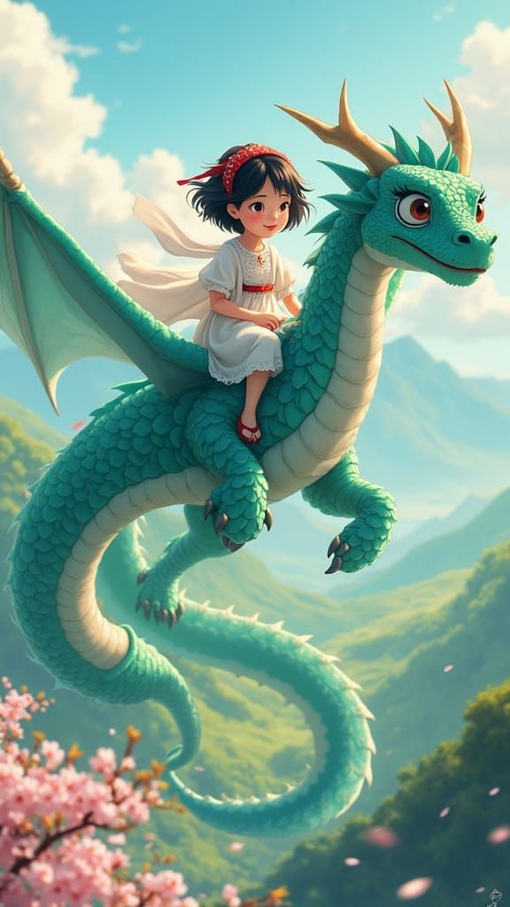 Majestic Girl Soars on Iridescent Dragon through Dreamy Land...