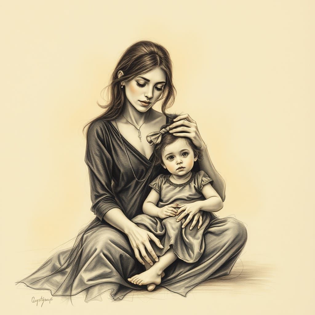 Mother and Child in Warm, Intimate Charcoal Portrait