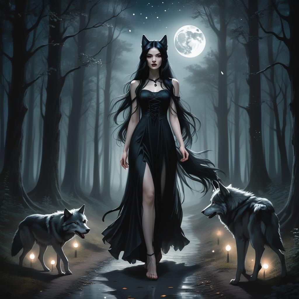 Wolf-Eared Lady on Forest Path in Dark Fantasy Style
