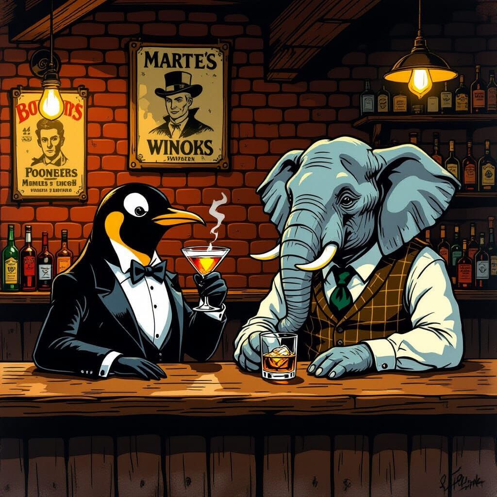 Penguin and Elephant Enjoy Drinks in Atmospheric Rock Bar