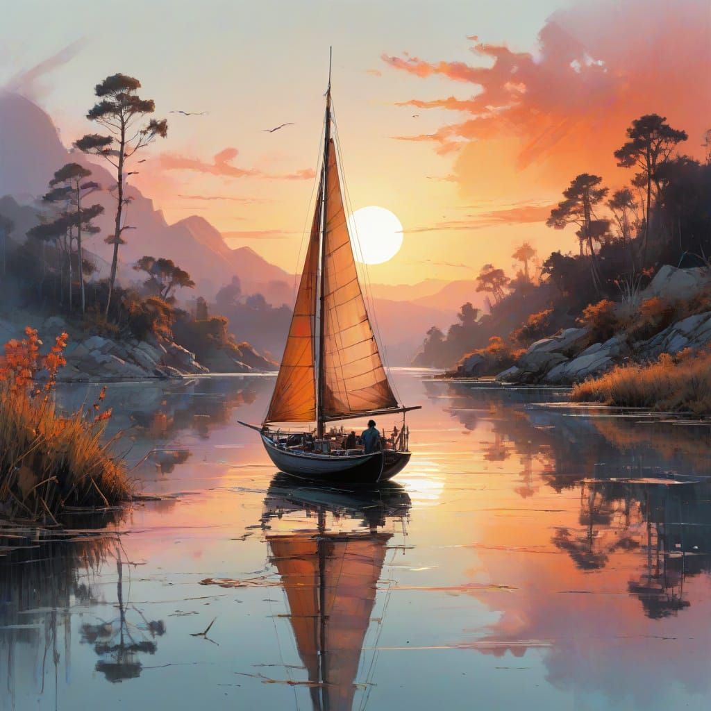 Dreamlike Sailing Boat at Sunset in Watercolour Style