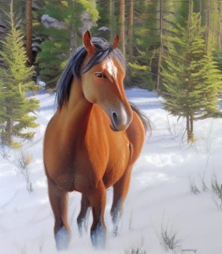Wild Horse in Snowy Landscape, Oil Painting Style