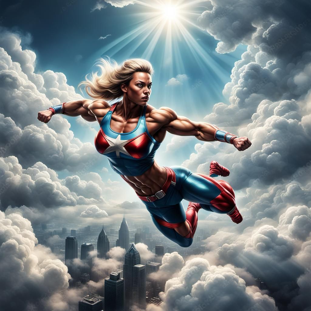 Muscular Superheroine Flies Through Iridescent Clouds