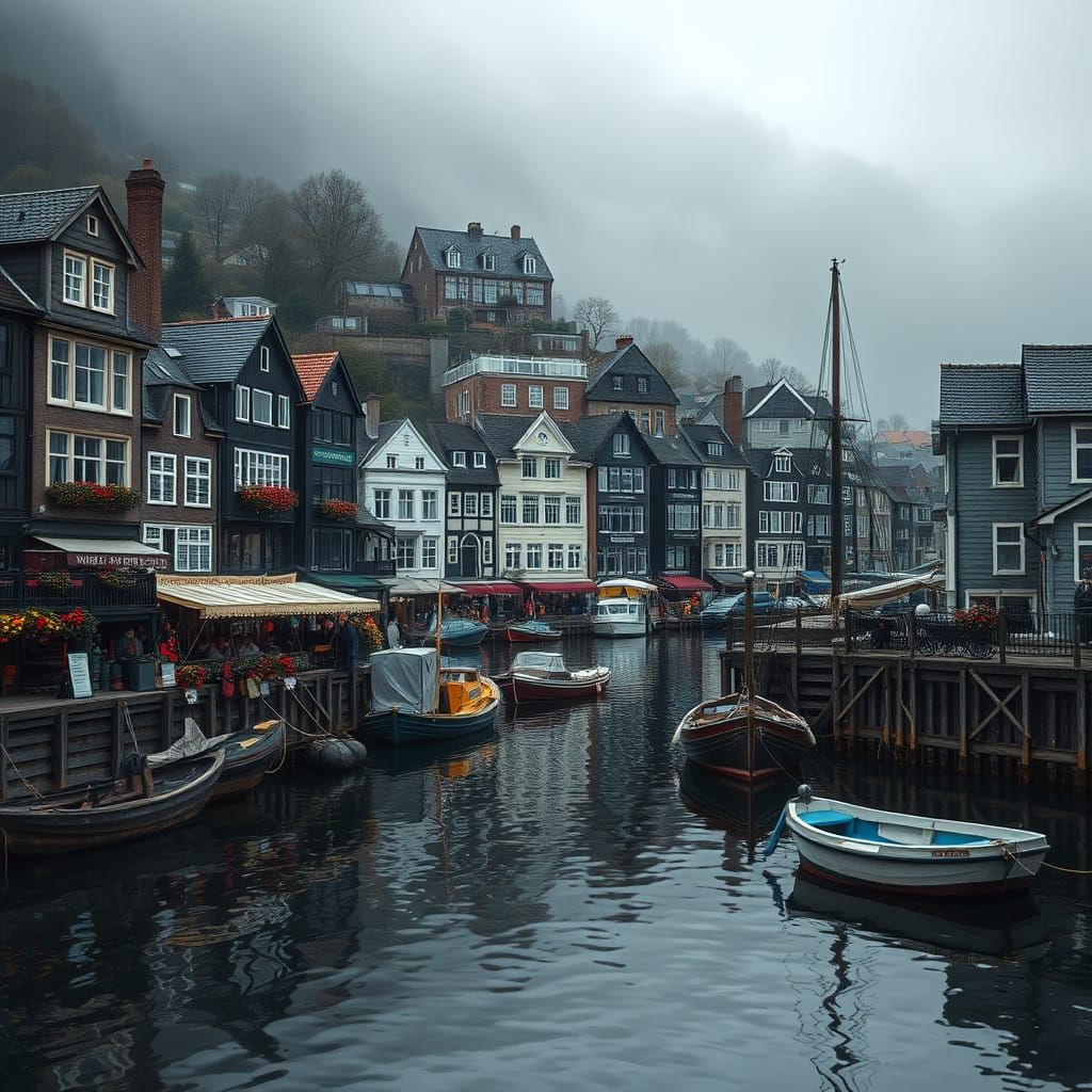 Bustling Waterfront Village in Hyperrealistic HDR
