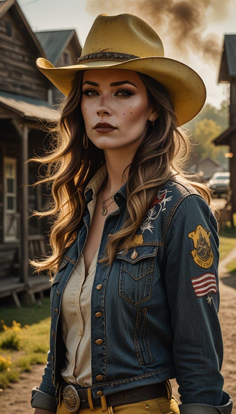 Cowgirl. She is wearing a brown cowboy hat and tan, leather ...