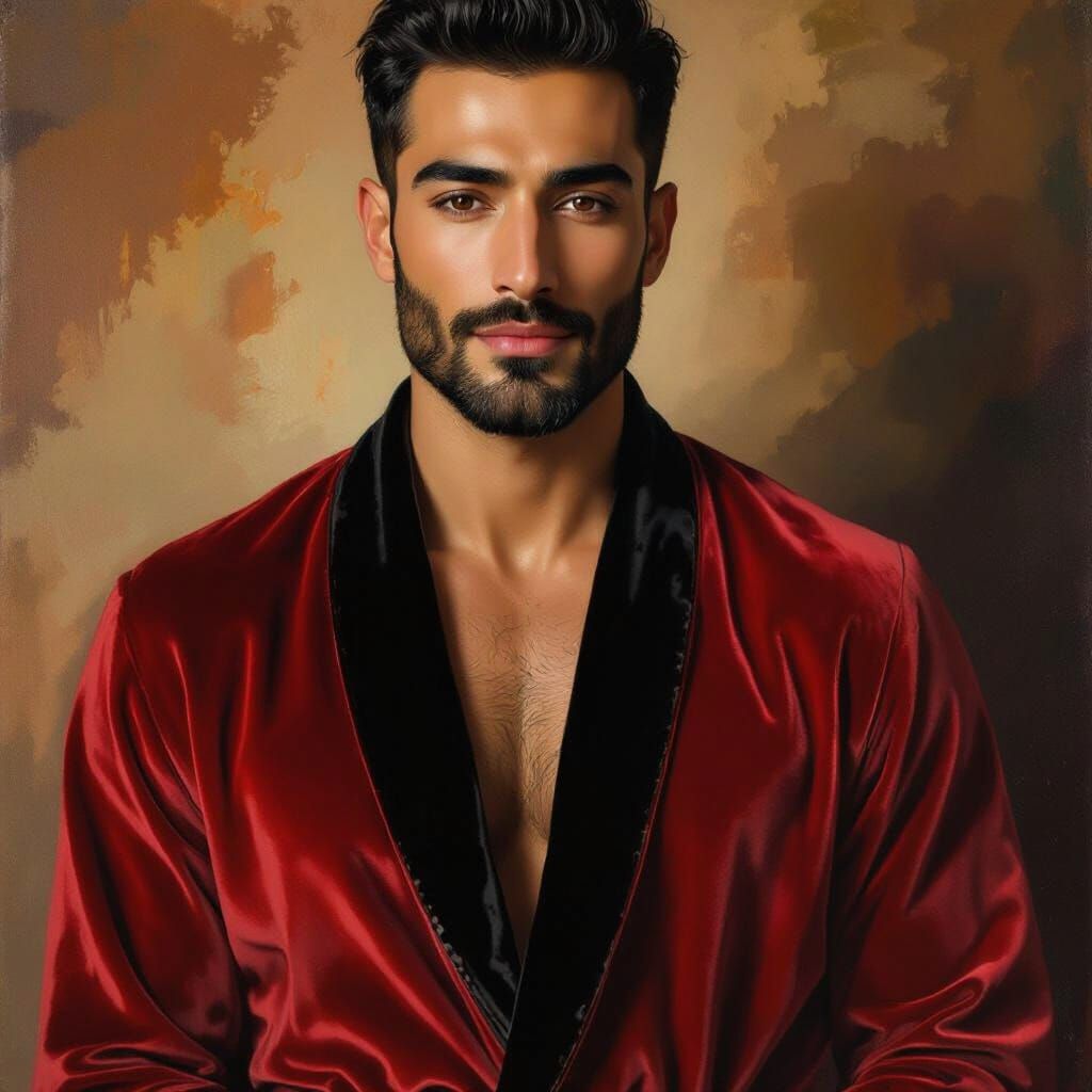Handsome Hunk in Velvet Robe: Impressionist Oil Painting