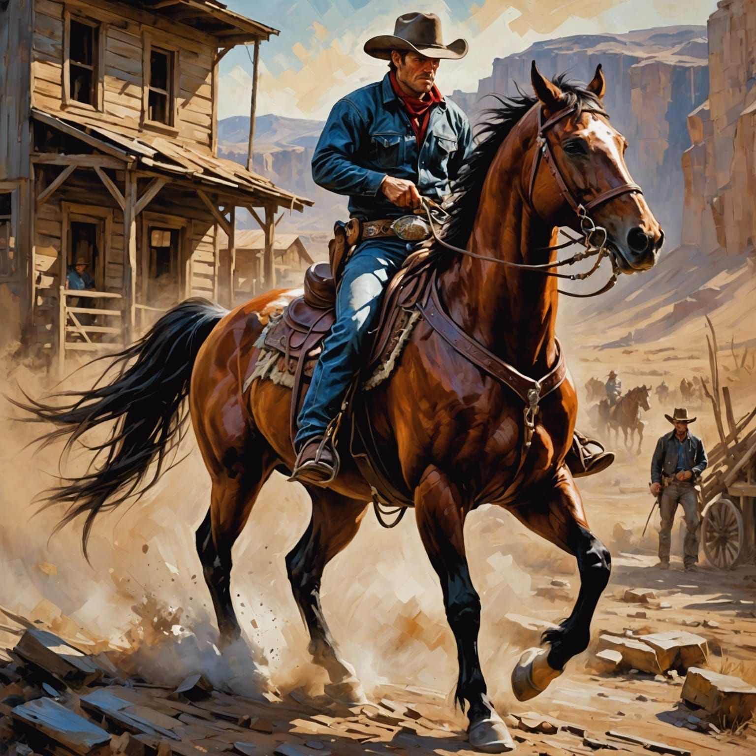 Cowboy on Horse in Impasto Graphic Style