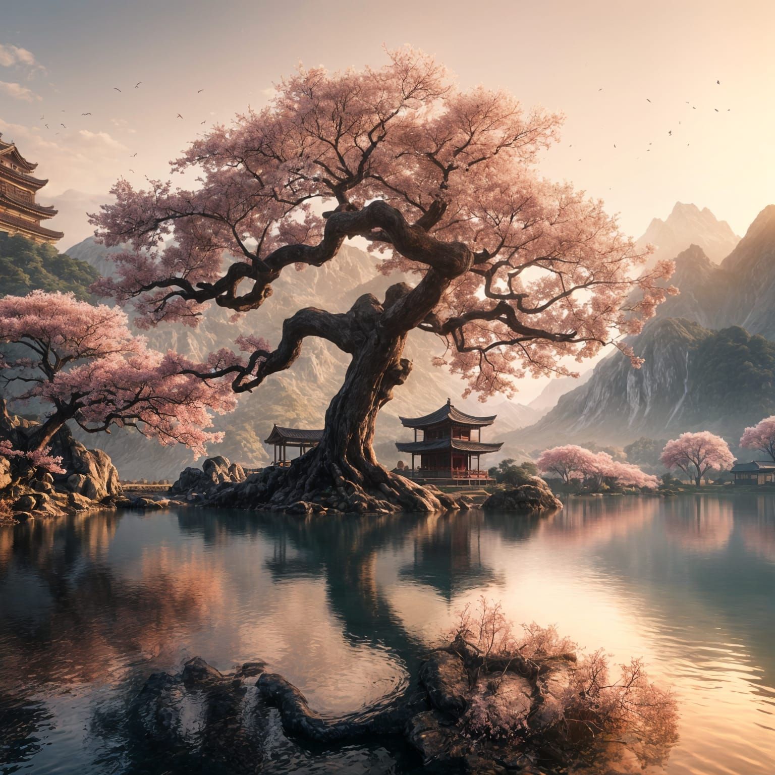 Japanese Sakura Tree with Temples, 3D Render