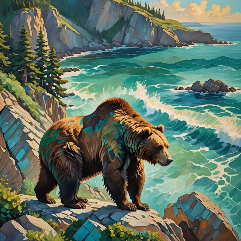 Grizzly Bear Overlooking Ocean as Impasto Oil Painting
