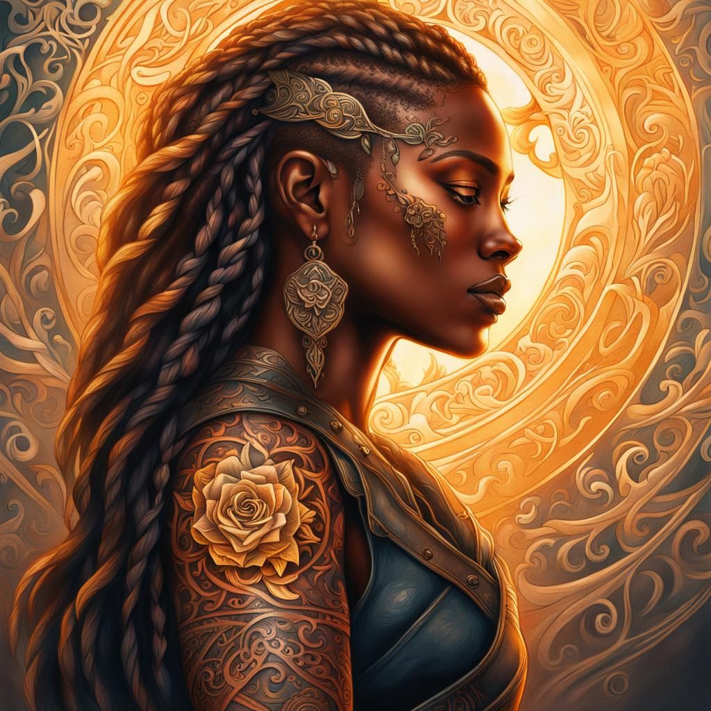 Golden Rose Tattooed Woman in Sunlight