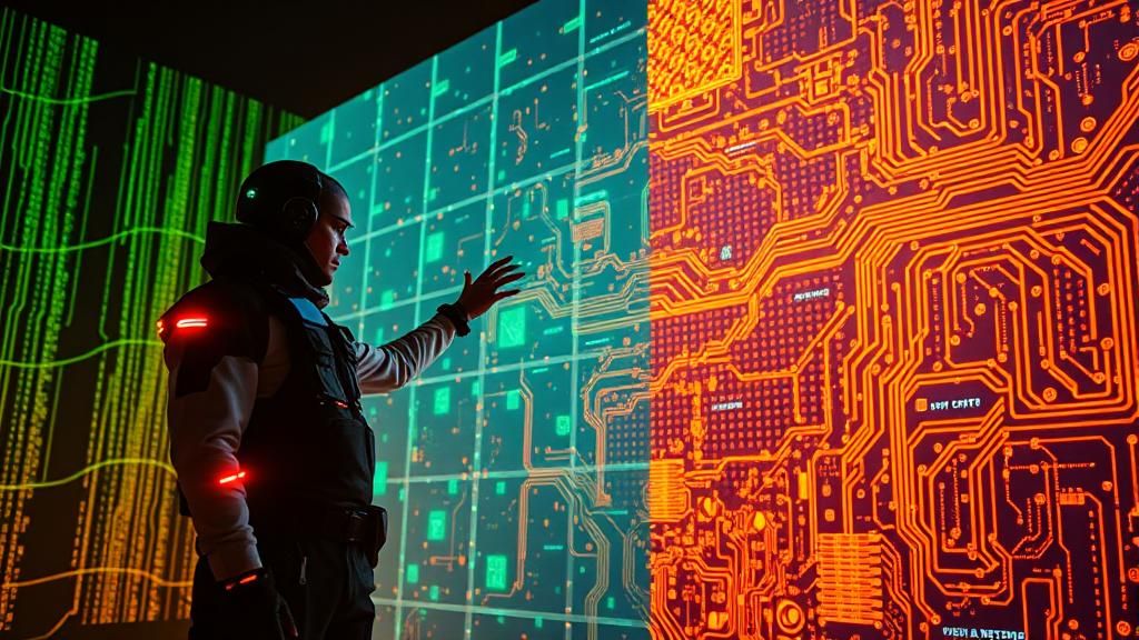 Cyberpunk Hacker Manipulates Glowing Digital Interface