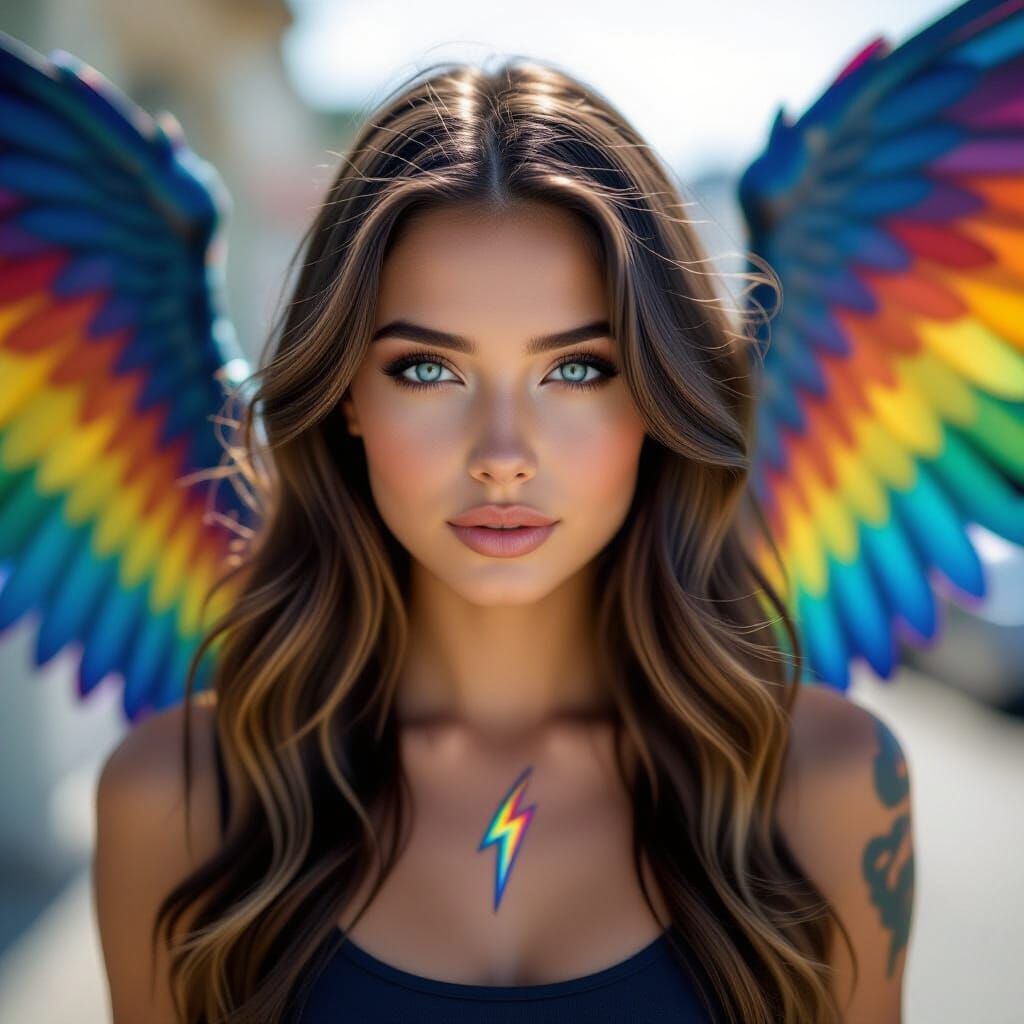 Young Woman with Rainbow Hair and Feathered Wings