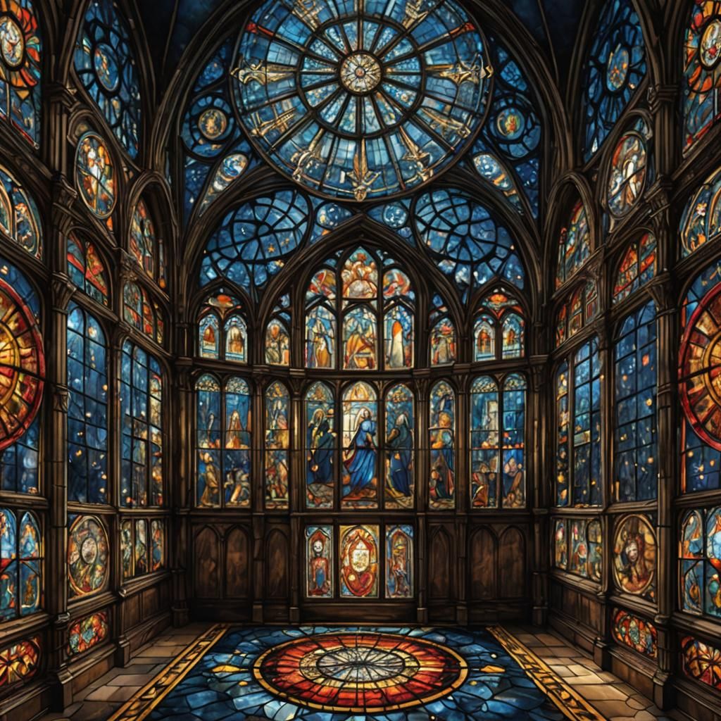Cosmic Stained Glass Palace in Hyperrealistic Style