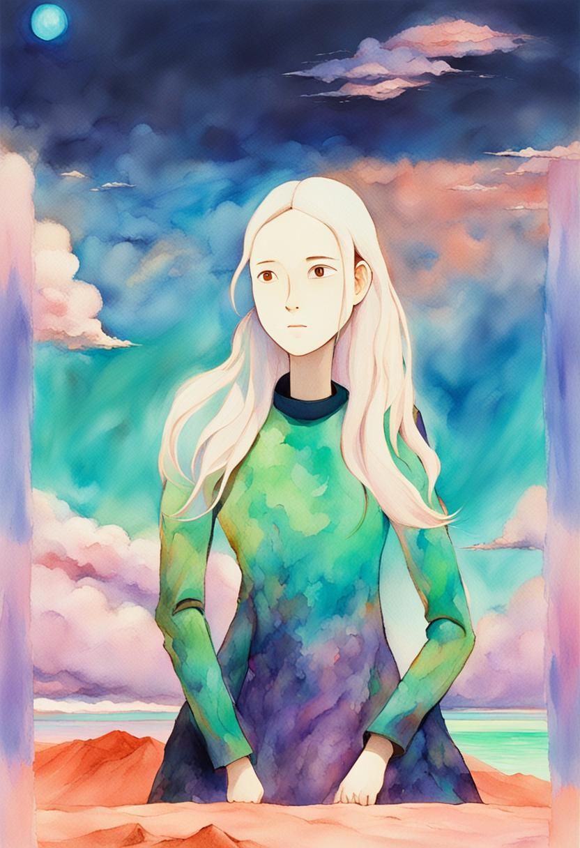 Martian Friends Overlook Iridescent Ocean in Miyazaki Style