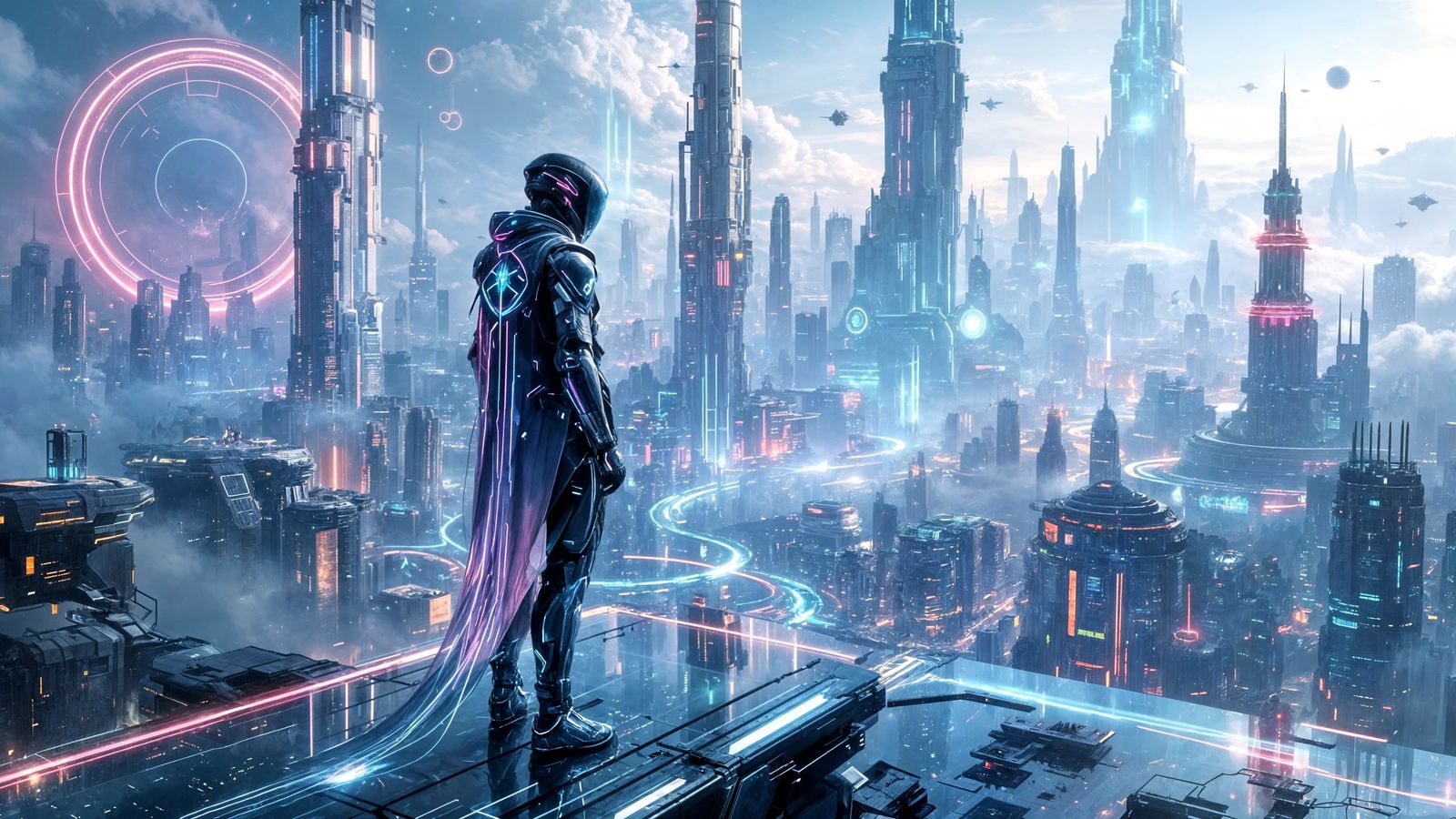 Cyberpunk Megastructure Above Fractured Earth in Orbit