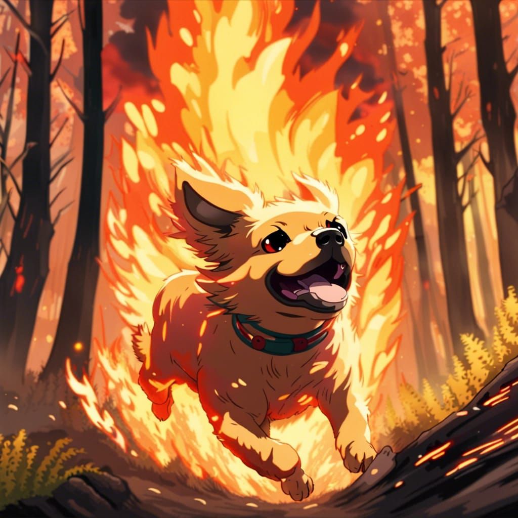 Anime Dog Bounding Through Forest Fire