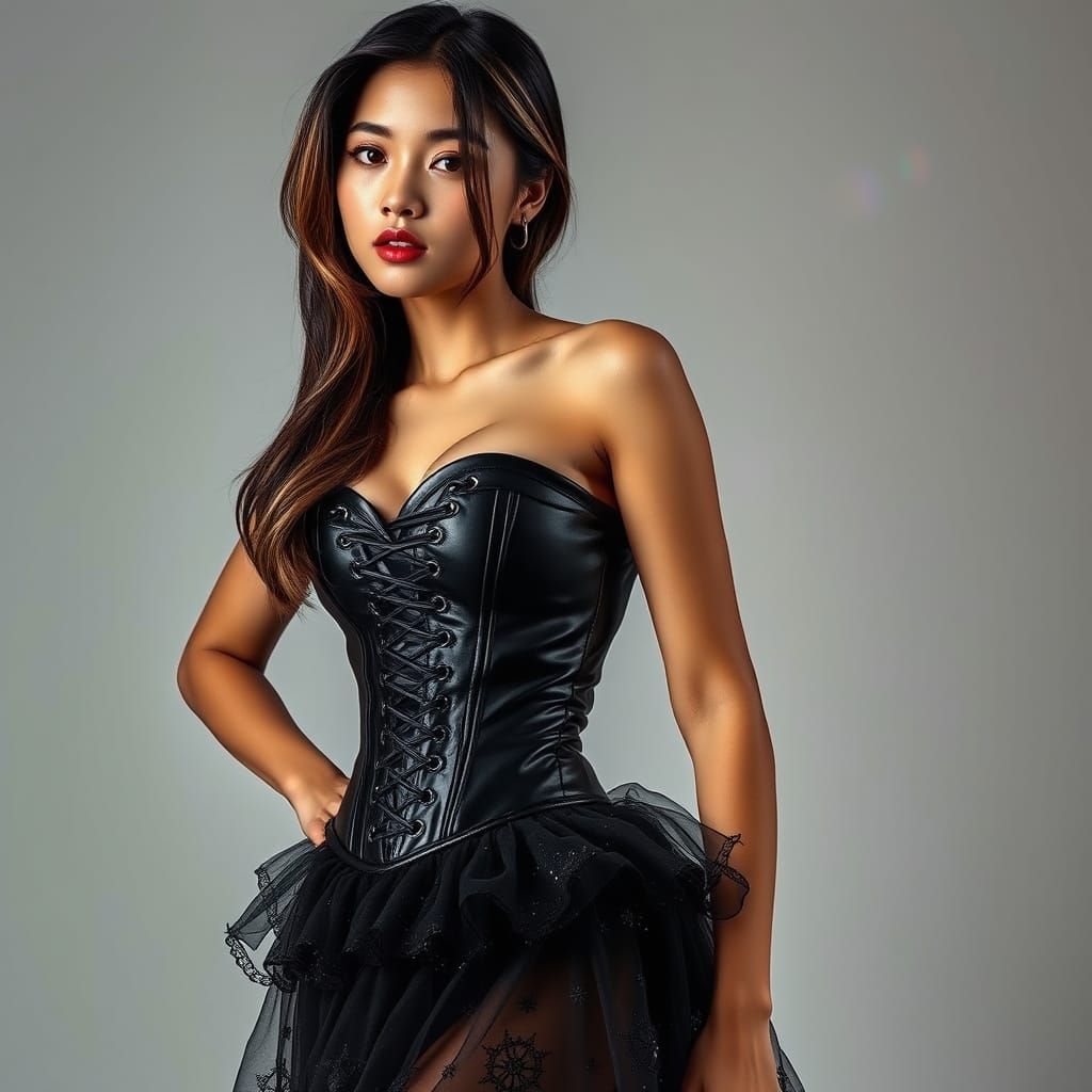 Korean Woman in Black Corset with Prismatic Lighting