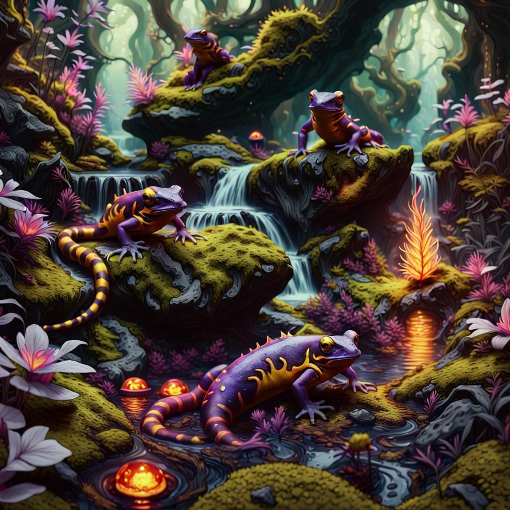 Fire Salamanders in a Magical Forest