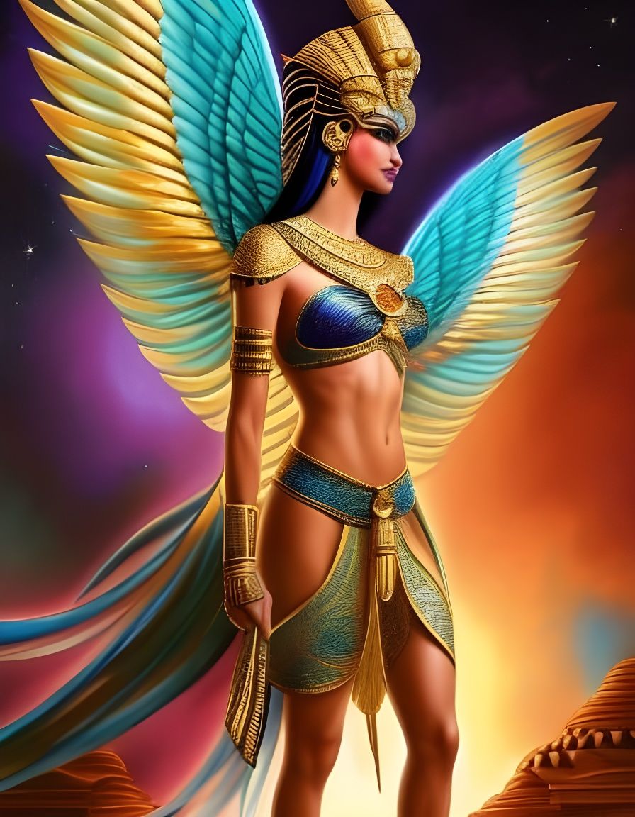 “Maat”, Egyptian Goddess with a bird’s tail feather, with wings under her arms