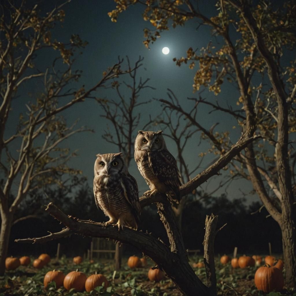 Moonlit Owl Overlooks Pumpkin Patch: Cinematic Film Still