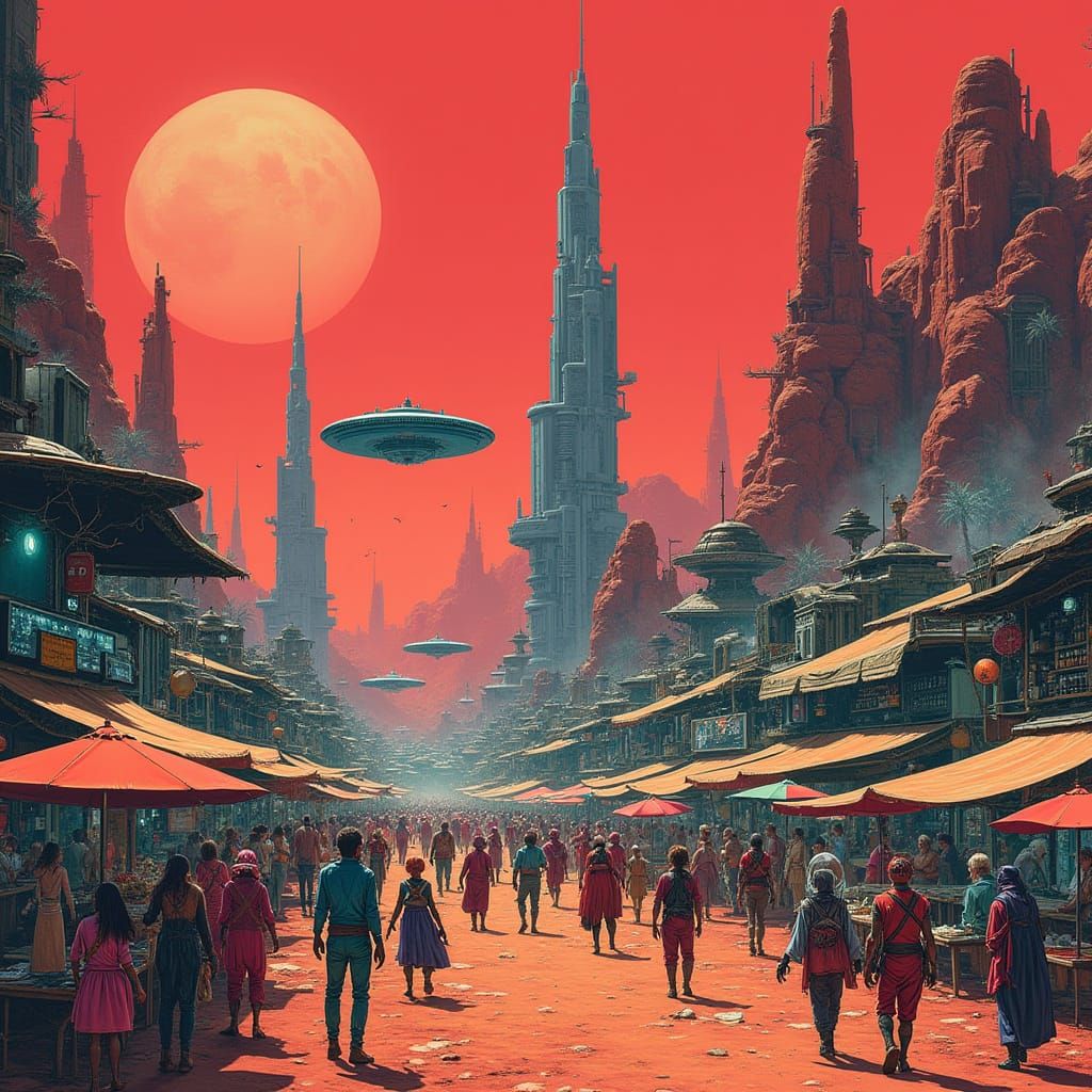Cyberpunk Mars Marketplace with Alien Species