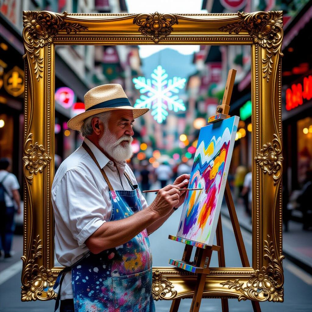 City Street Artist with Neon Snowflake, Oil Painting Style