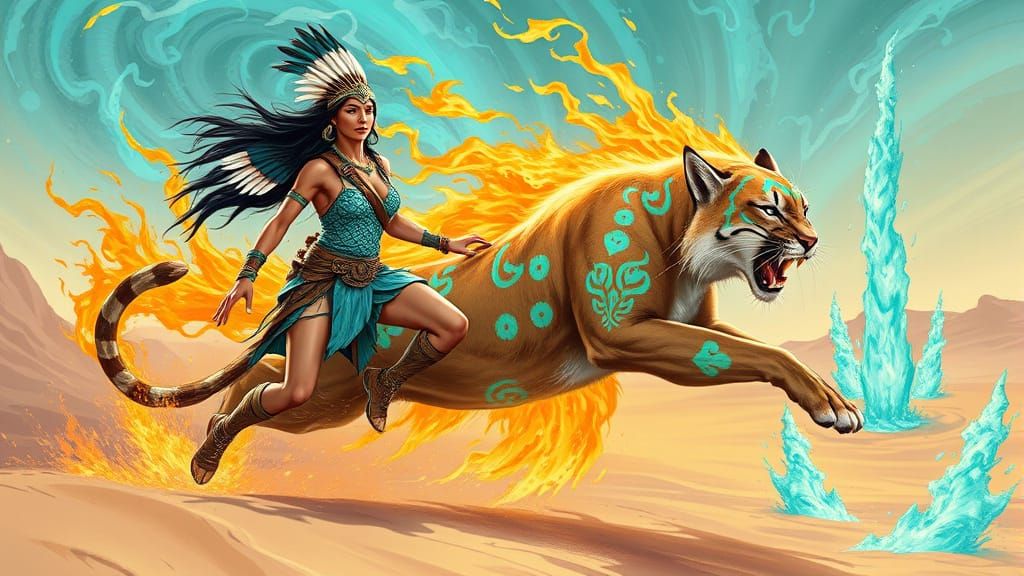 Native American Warrior Reborn in Turquoise Flames