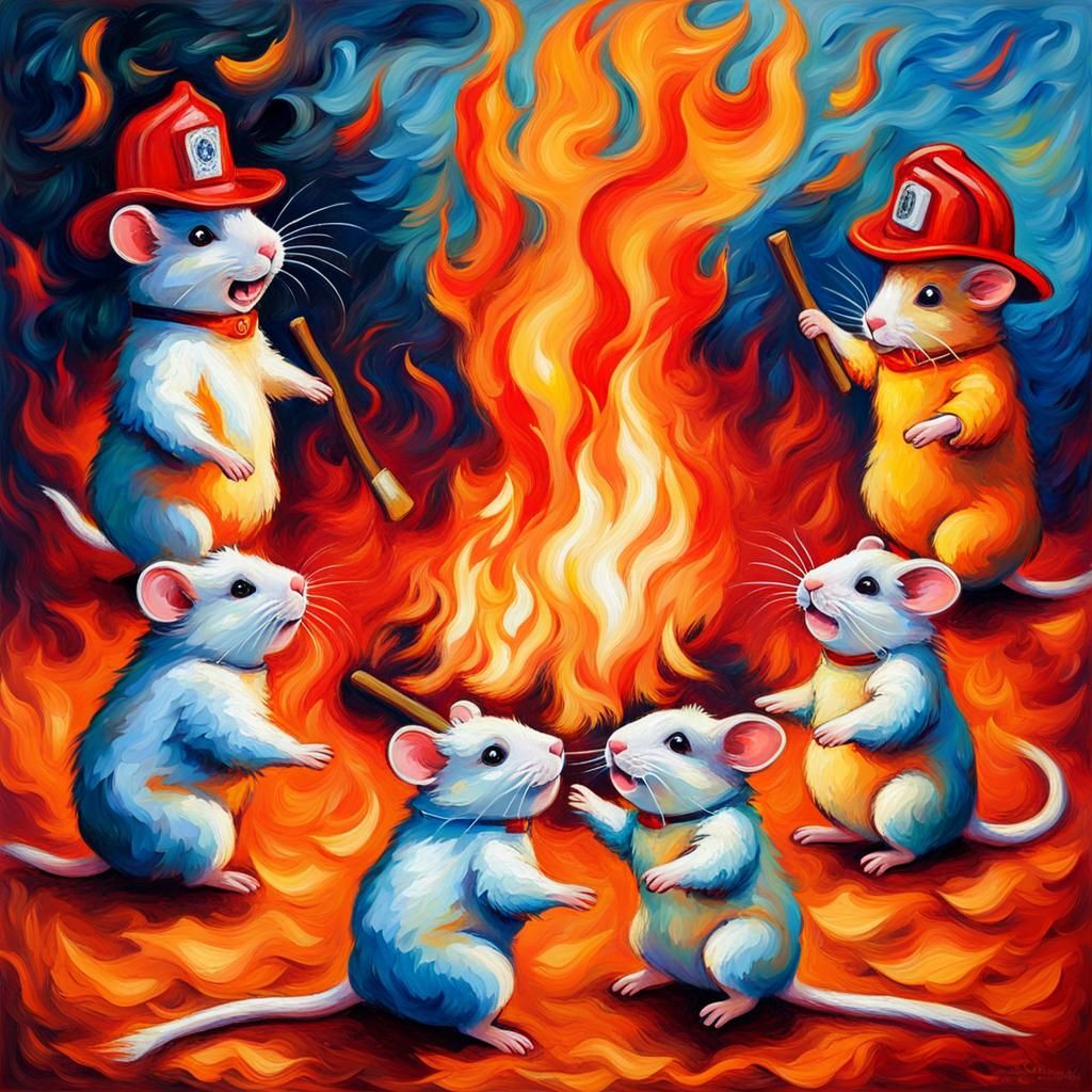 Hamsters as Firemen in Expressionist Bonfire Painting