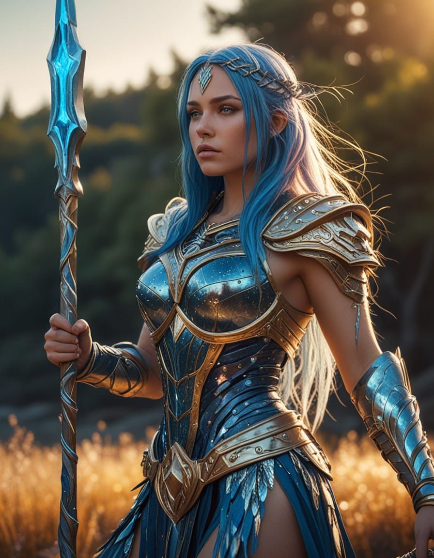 Crystalline Female Warrior with Glowing Spear in Digital Art