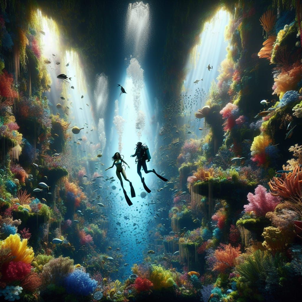 Divers in Lush Underwater Cavern, Ethereal Ambiance