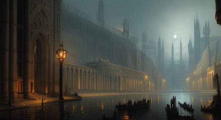 Gothic Art Deco Coastal University in Dark Fantasy Style