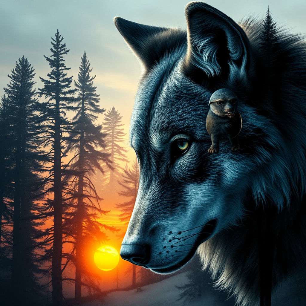 Wolf Double Exposure: Forest, Hunter, Sunset, Watercolor Art