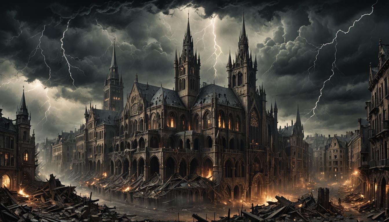 Gothic Cityscape Illustration: Destruction and Chaos
