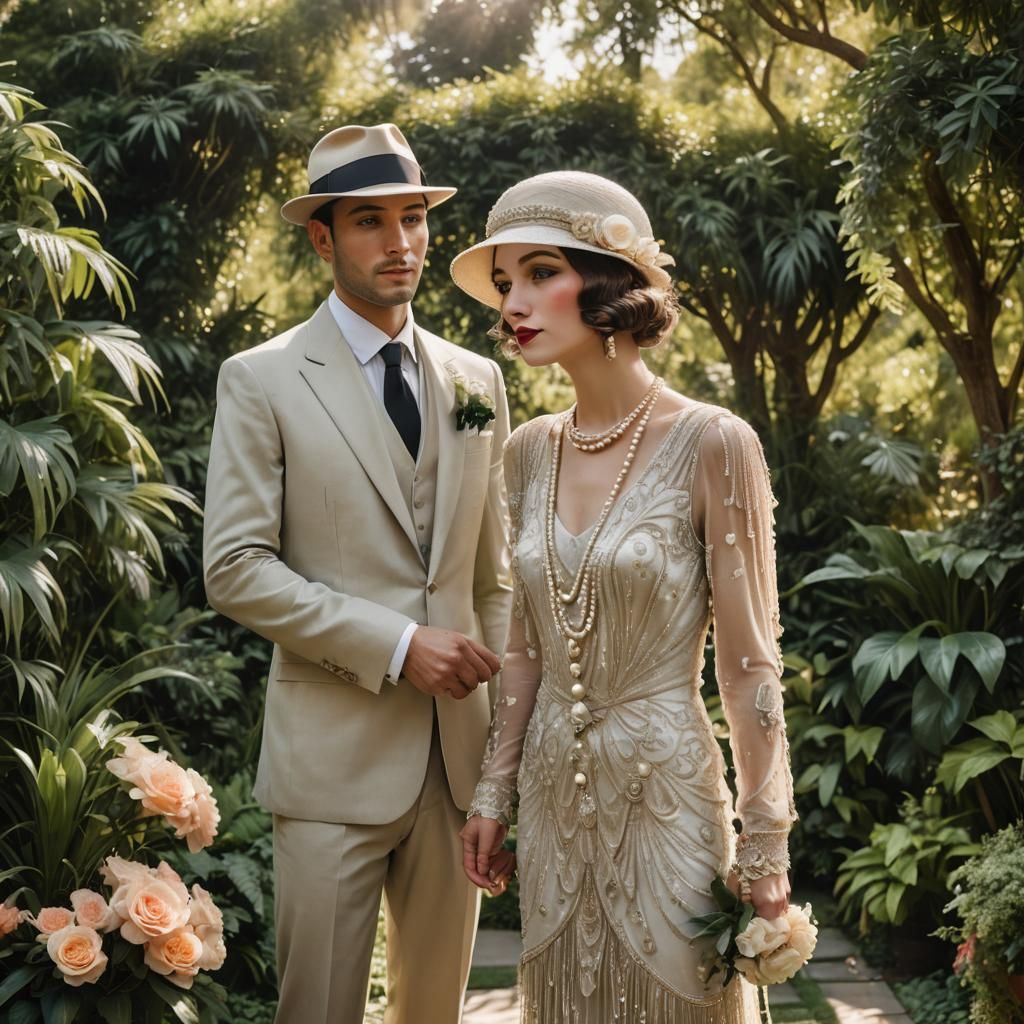 Flapper Bride and Groom in 1920s Garden Wedding
